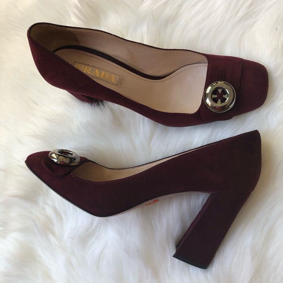 Prada Burgundy Suede Gold Button Heels